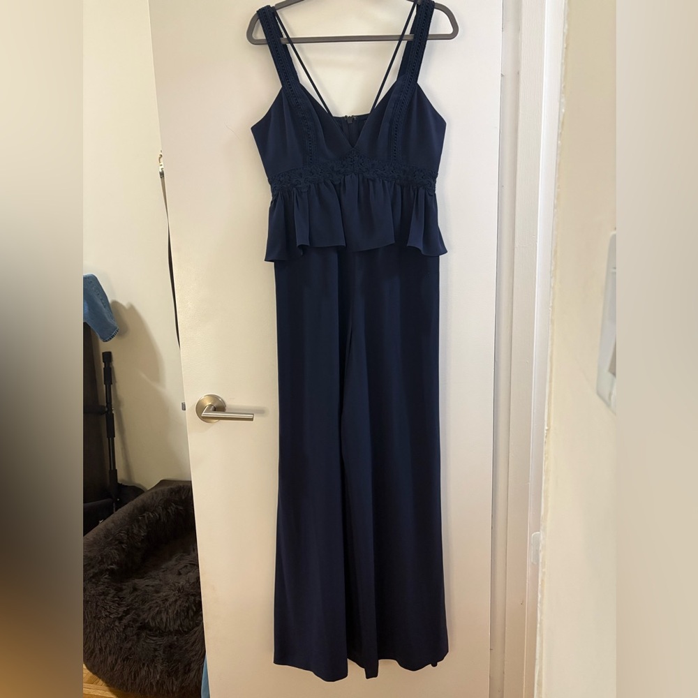 BCBGMAXAZRIA Navy Crepe Embroidered Peplum Jumpsuit - Picture 5 of 13